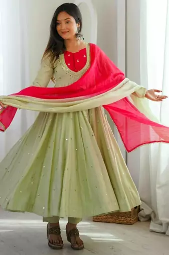 Green silk blend embroidered flared gown set