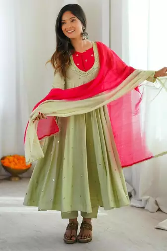 Green silk blend embroidered flared gown set