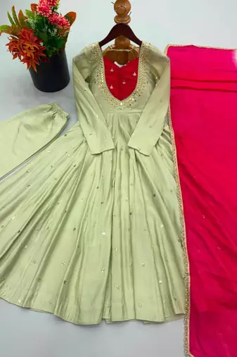 Green silk blend embroidered flared gown set