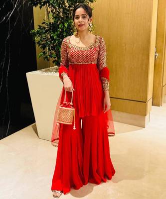 Red georgette embroidered sharara set 1