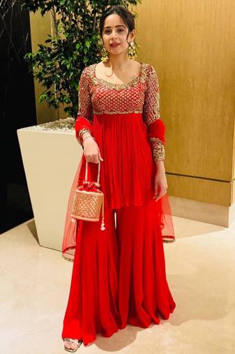 Red georgette embroidered sharara set