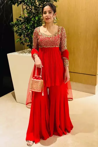 Red georgette embroidered sharara set