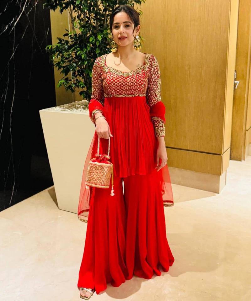 Red georgette embroidered sharara set