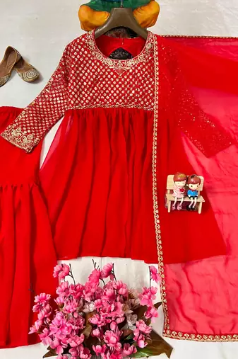 Red georgette embroidered sharara set
