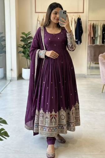 Purple silk blend embroidered flared gown set
