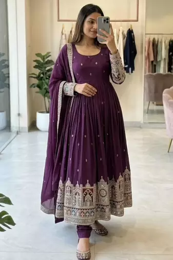 Purple silk blend embroidered flared gown set