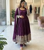 Purple silk blend embroidered flared gown set
