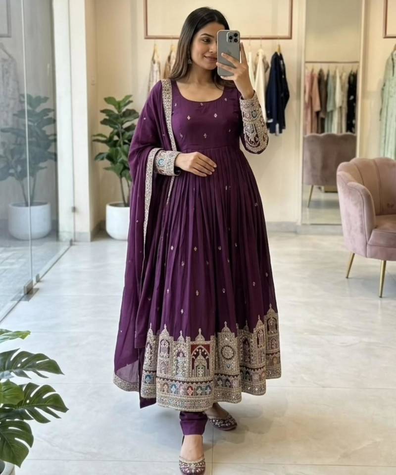 Purple silk blend embroidered flared gown set