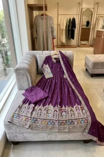 Purple silk blend embroidered flared gown set