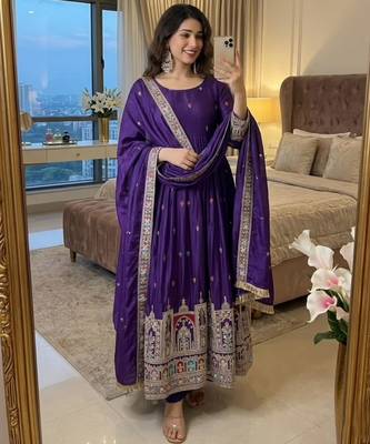 Blue silk blend embroidered flared gown set 1