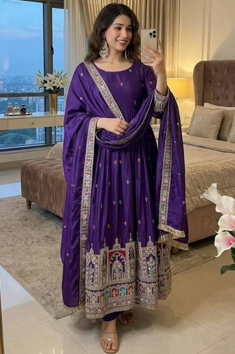 Blue silk blend embroidered flared gown set