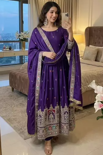 Blue silk blend embroidered flared gown set
