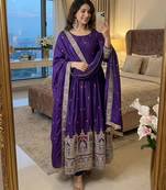 Blue silk blend embroidered flared gown set