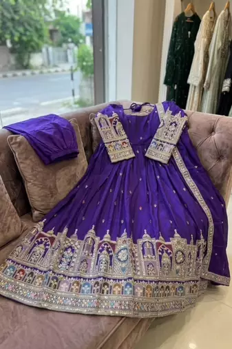 Blue silk blend embroidered flared gown set