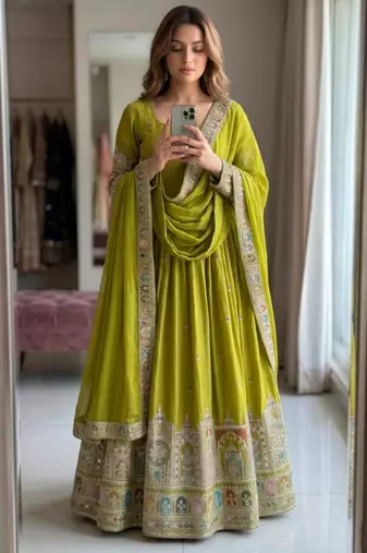 Green silk blend embroidered flared gown set