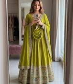 Green silk blend embroidered flared gown set