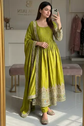 Green silk blend embroidered flared gown set