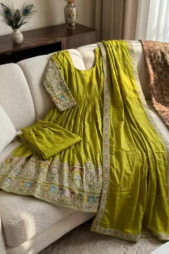 Green silk blend embroidered flared gown set