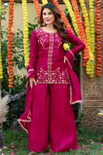 Magenta silk blend embroidered sharara set