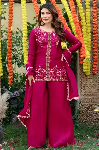 Magenta silk blend embroidered sharara set