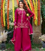 Magenta silk blend embroidered sharara set