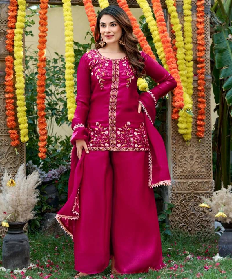 Magenta silk blend embroidered sharara set