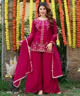 Magenta silk blend embroidered sharara set 2