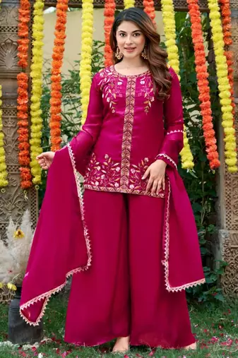 Magenta silk blend embroidered sharara set