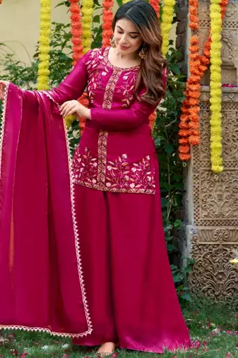 Magenta silk blend embroidered sharara set