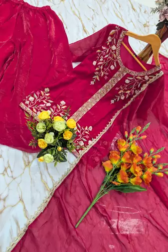 Magenta silk blend embroidered sharara set
