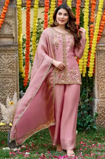 Peach silk blend embroidered sharara set
