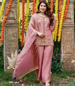 Peach silk blend embroidered sharara set