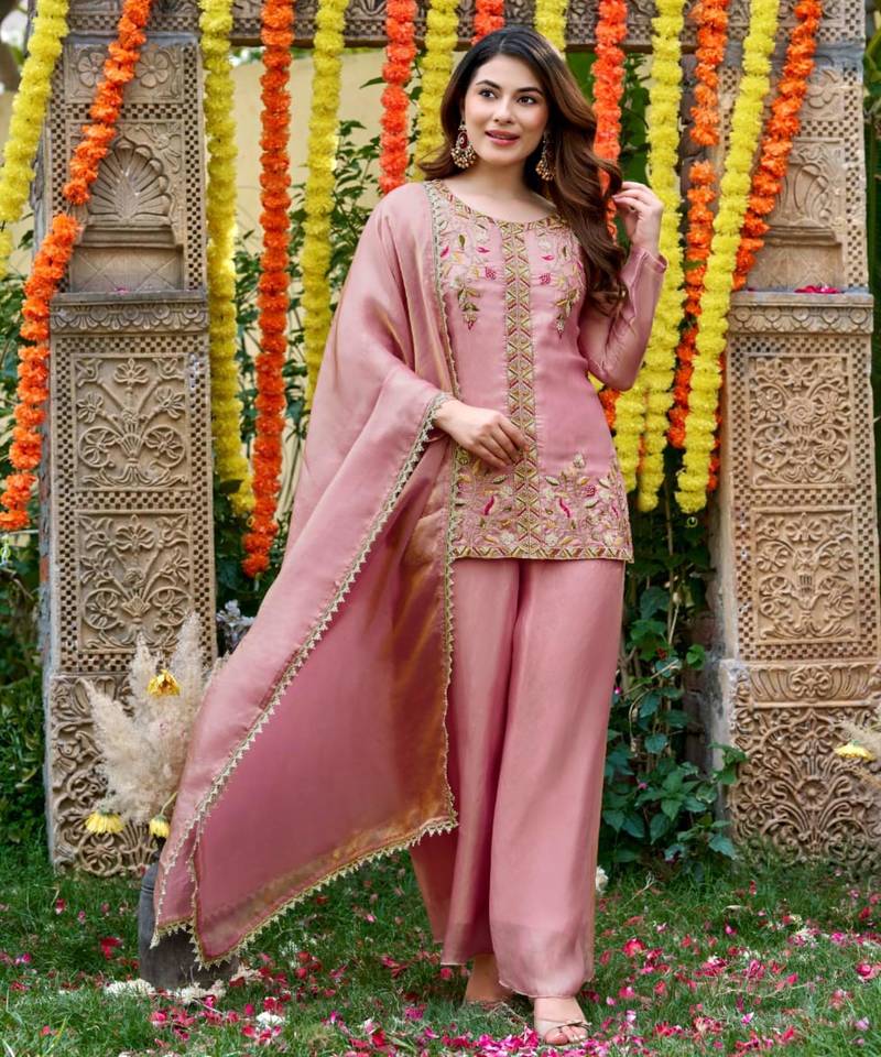 Peach silk blend embroidered sharara set