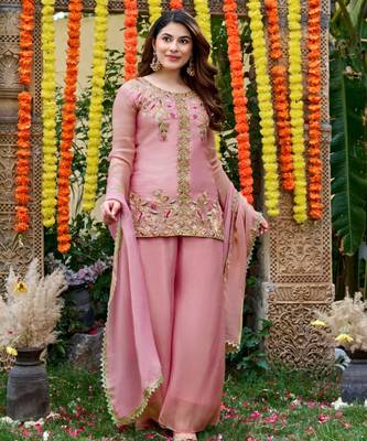 Peach silk blend embroidered sharara set 2