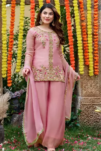 Peach silk blend embroidered sharara set