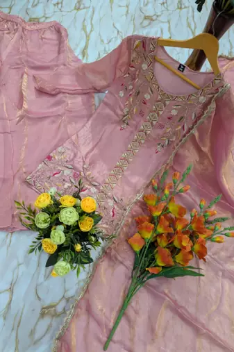 Peach silk blend embroidered sharara set