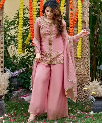 Peach silk blend embroidered sharara set 4