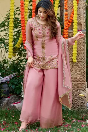 Peach silk blend embroidered sharara set