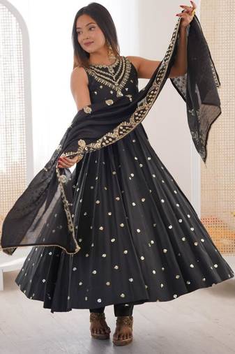 Black silk blend embroidered anarkali set