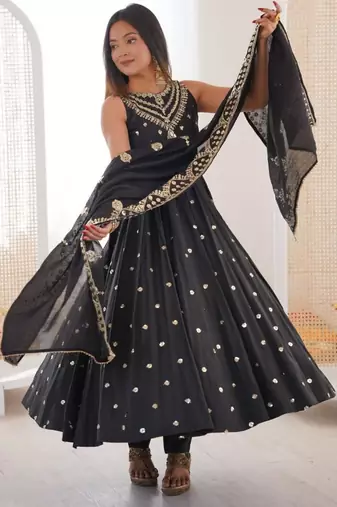 Black silk blend embroidered anarkali set