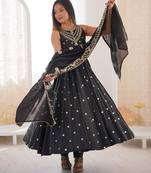 Black silk blend embroidered anarkali set