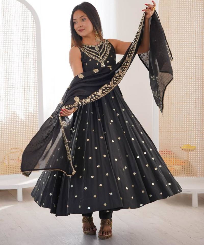 Black silk blend embroidered anarkali set