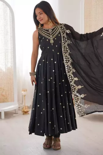 Black silk blend embroidered anarkali set
