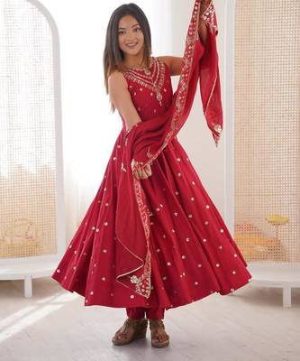 Maroon silk blend embroidered anarkali set 1