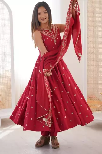 Maroon silk blend embroidered anarkali set