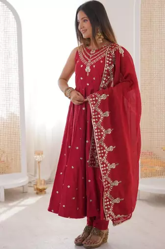 Maroon silk blend embroidered anarkali set