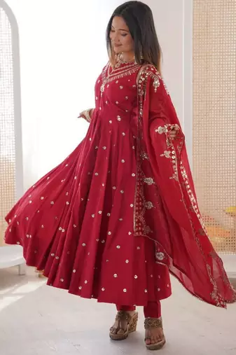 Maroon silk blend embroidered anarkali set