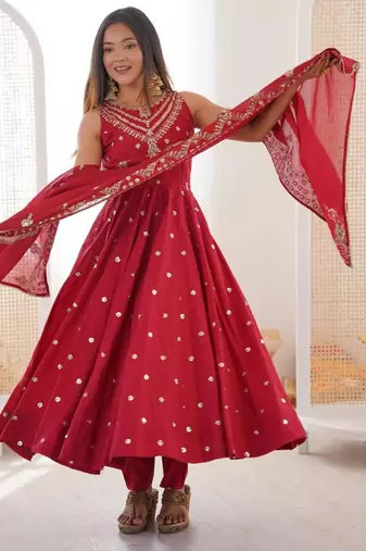 Maroon silk blend embroidered anarkali set