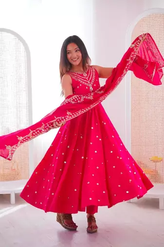 Pink silk blend embroidered anarkali set