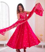 Pink silk blend embroidered anarkali set